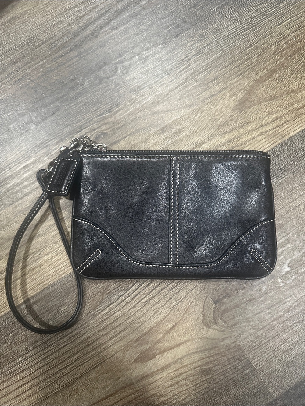 Coach Black Leather Wristlet with Contrast Stitching